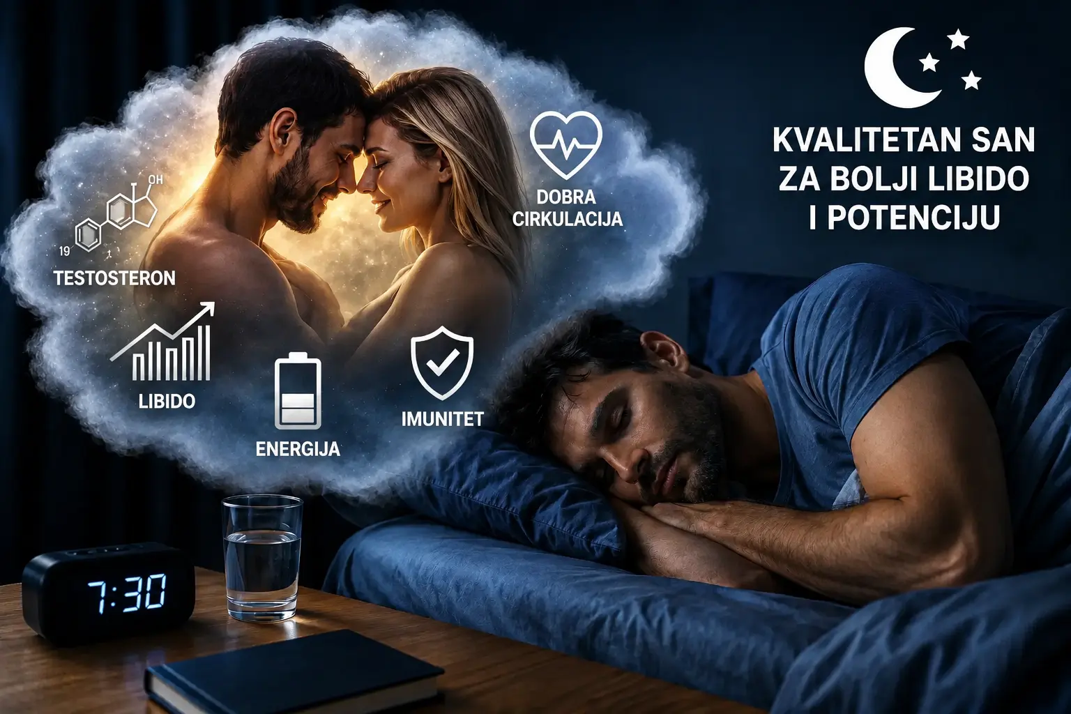 Muškarac mirno spava, a iznad njega su prikazani testosteron, libido, energija, imunitet i dobra cirkulacija kao dobici kvalitetnog sna