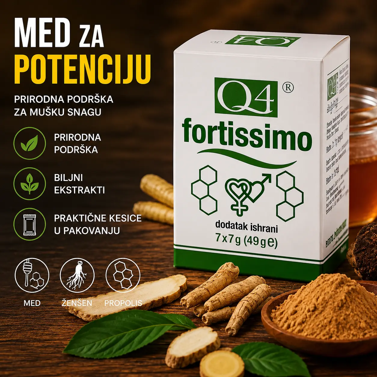Med za potenciju Q4You Fortissimo — originalno pakovanje sa 7 kesica po 7 g