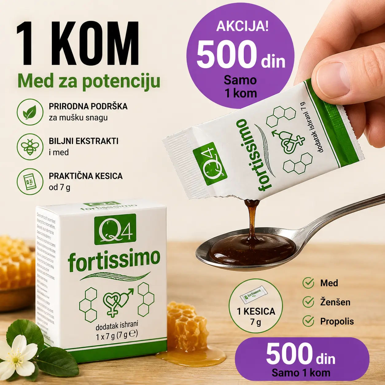 Med za potenciju Q4You Fortissimo — pojedinačna kesica od 7 g sa kutijom 1 × 7 g