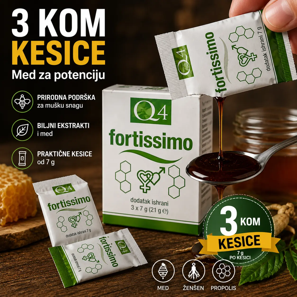 Med za potenciju Q4You Fortissimo — kutija sa 3 kesice po 7 g (21 g) i pojedinačne kesice